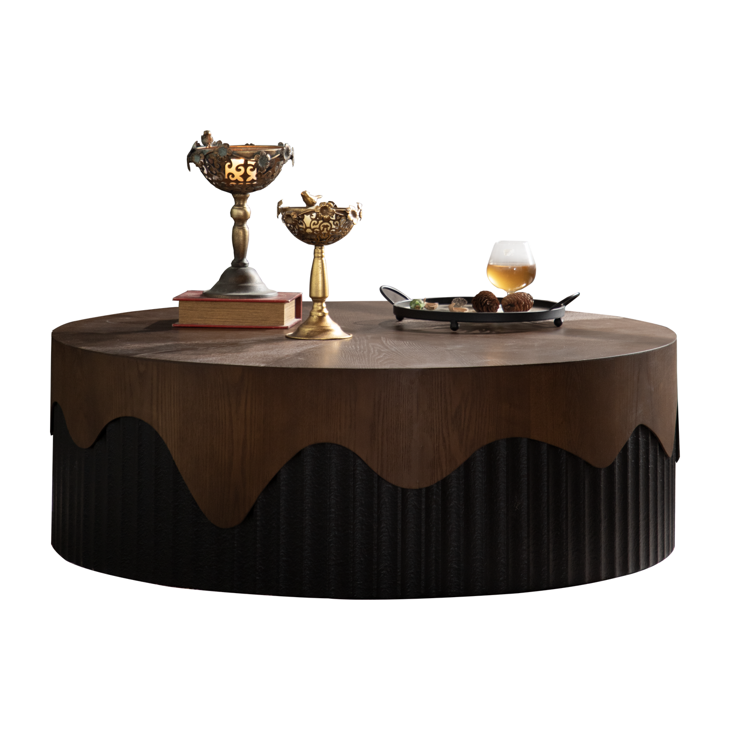 38.97' Round Coffee Table Handcrafted Relief Sturdy Pedestal Wooden Tea Table for Living Room no need to Assemble