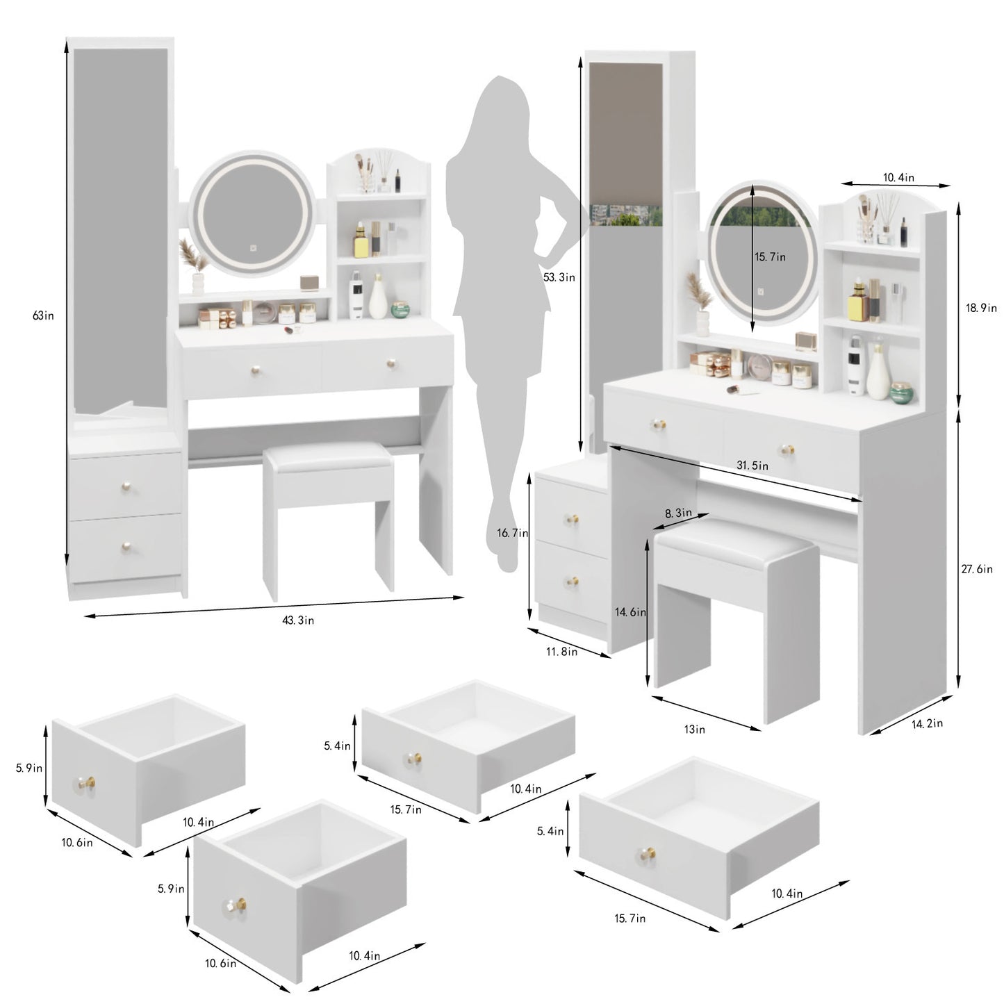 Full Body Mirror Cabinet + Round Mirror LED Vanity Table + Cushioned Stool, With 2 AC + 2 USB Power Station,17" diameter LED Mirror, Touch Control, 3-color, Brightness adjustable, Large desktop