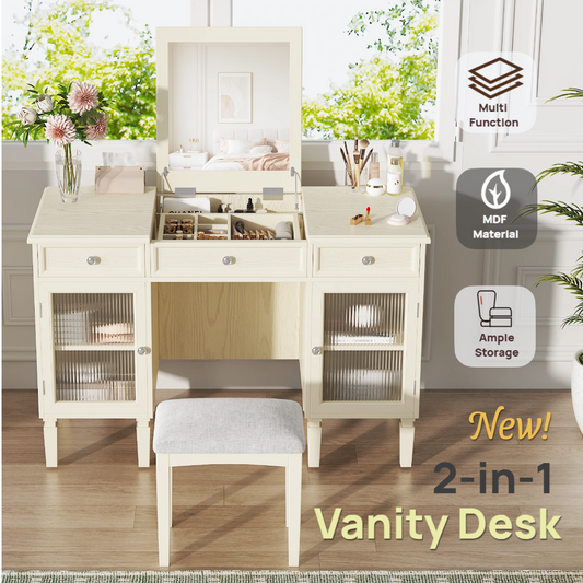 2-in-1 Vanity Desk with Flip-Top Mirror, Dressing Table Set with Drawer & Cabinet, Multi-Functional Computer Writing Desk for Study, Dressing Room, Bedroom, Living Room, White Oak