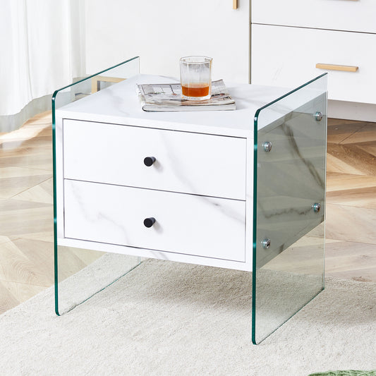 Double-drawer bedside table. The board surface is MDF sticker, and both sides are transparent tempered glass. The design is simple and elegant, with excellent storage functions.