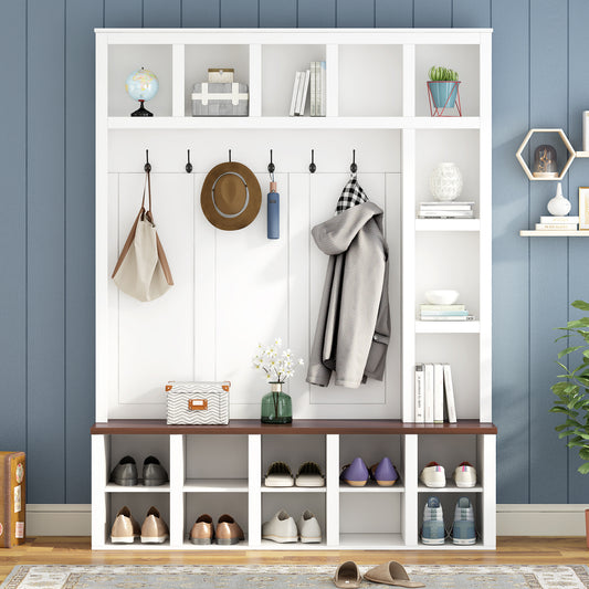 ON-TREND Farmhouse Wooden Style Hall Tree with 6 Hooks, Practical Walnut Storage Bench with Adjustable Shelves, 4-in-1 Entryway Shoe Cabinet with 13 Cubbies for Mudroom, Living Room, White, 76.7'H