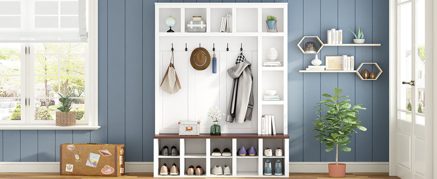 ON-TREND Farmhouse Wooden Style Hall Tree with 6 Hooks, Practical Walnut Storage Bench with Adjustable Shelves, 4-in-1 Entryway Shoe Cabinet with 13 Cubbies for Mudroom, Living Room, White, 76.7'H