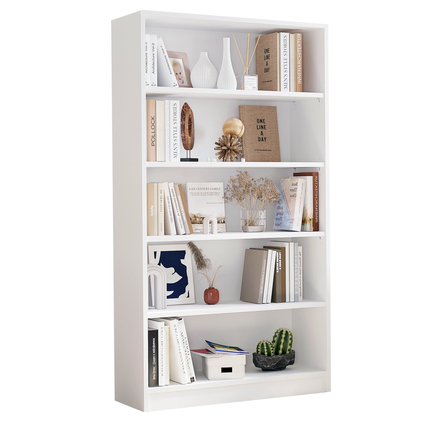 5 Shelf White Bookcase 60 inch Tall Wood Bookshelf for Bedroom