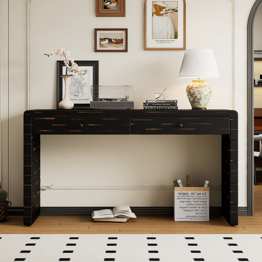 TREXM Curved Console Table with Storage, Wooden Entryway Table with 2 Drawers, Farmhouse Rustic Console Tables for Entryway, Hallway, Living Room, Distressed Black