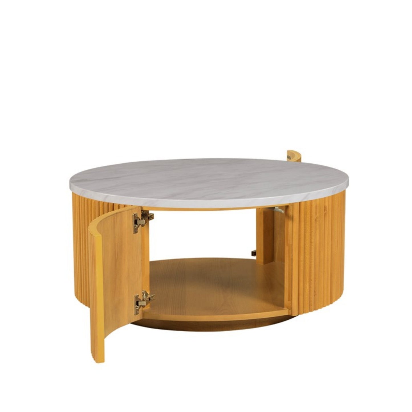 Natural Style Faux White Marble Round Coffee Table with Storage MDF and Solid Wood 35.5' Coffee Table