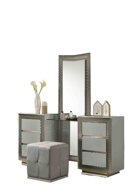 Glam Style 1pc Vanity Set w/ Stool Plinth Base Silver Molding Glass Top LED On Headboard And Mirror Gray Finish Bedroom Furniture Makeup Vanity