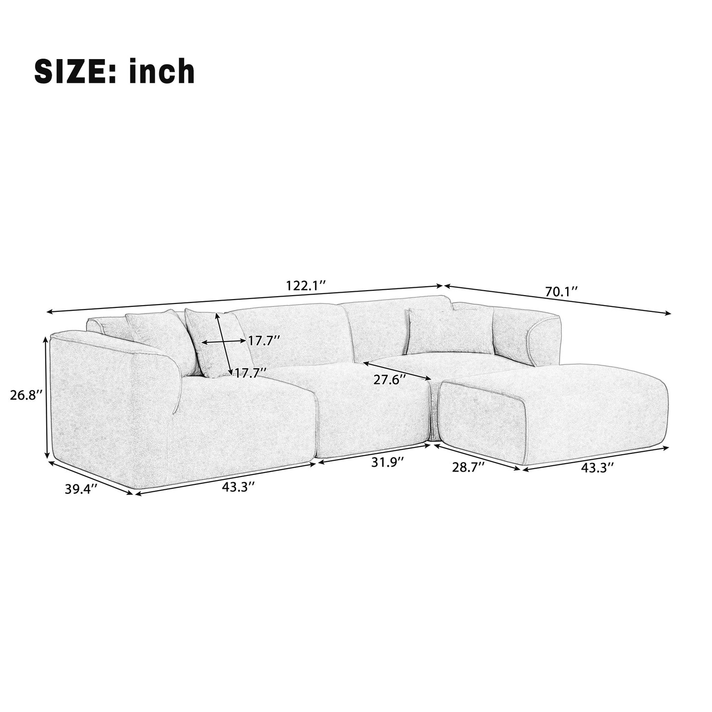 U_Style Luxury living room double-needle cut velvet sofa, 4-seater with pure sponge seat cushions and a detachable footstool, includes 3 throw pillows. Ideal for living rooms, apartments, and more.