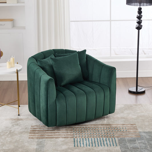 40.35'W Upholstered Oversized 360° Swivel Accent Barrel Chair and Half Cozy Sofa with 3 Pillows, Velvet Channel Tufted Pumpkin-Shape Club Armchair for Living Room, Bedroom, Office, Lounge,GREEN