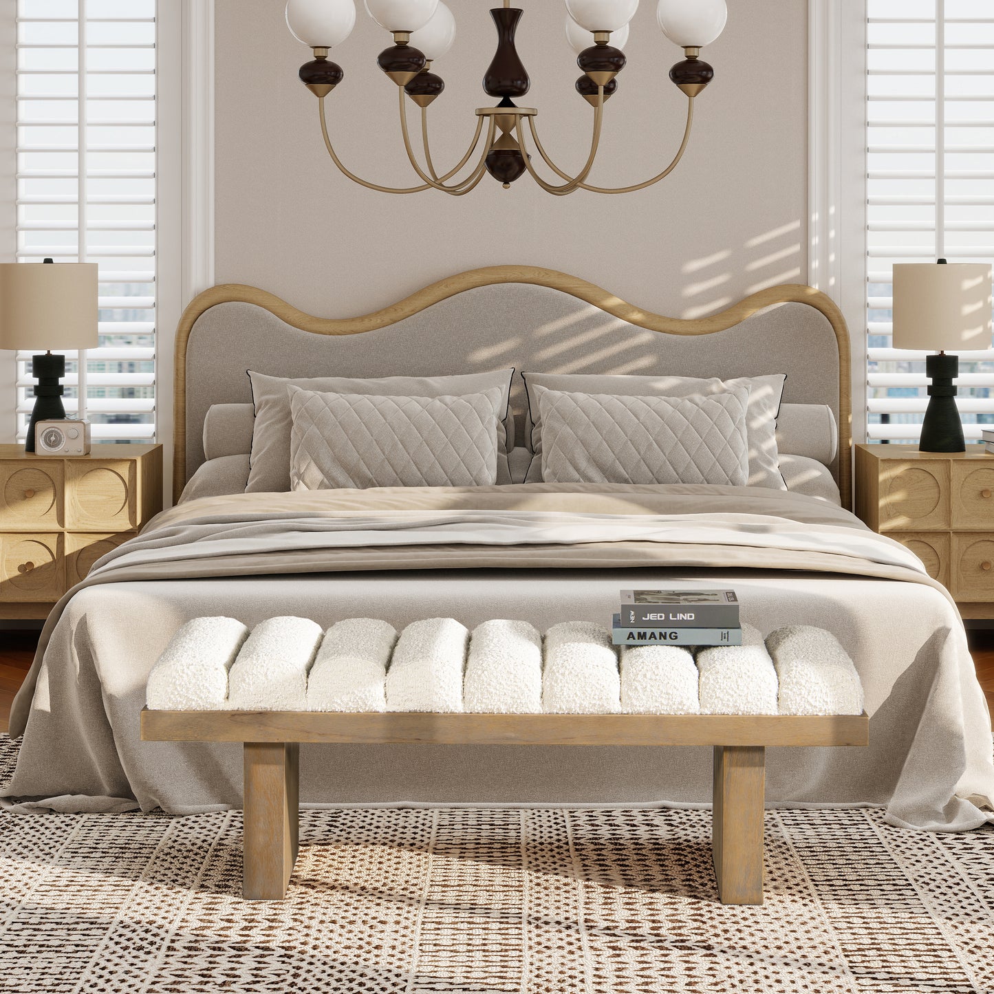 Bella 52' Upholstered Modern Accent Bench, Ivory White Boucle