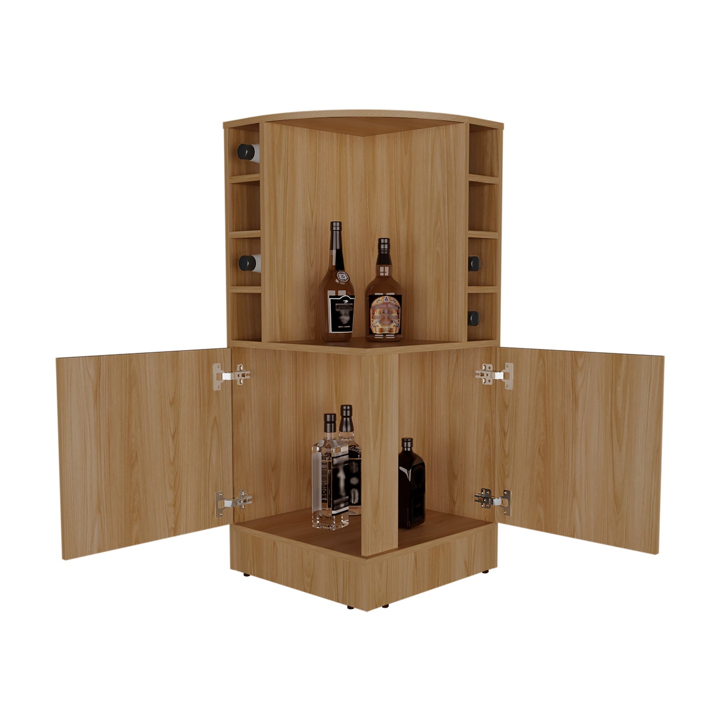 Jakes 42 Tall Corner Bar Cabinet with Eight Wine Bottle Cubbies and Double Door cabinet, Living Room, Liquor Cabinet, Storage Cabinet Light Oak