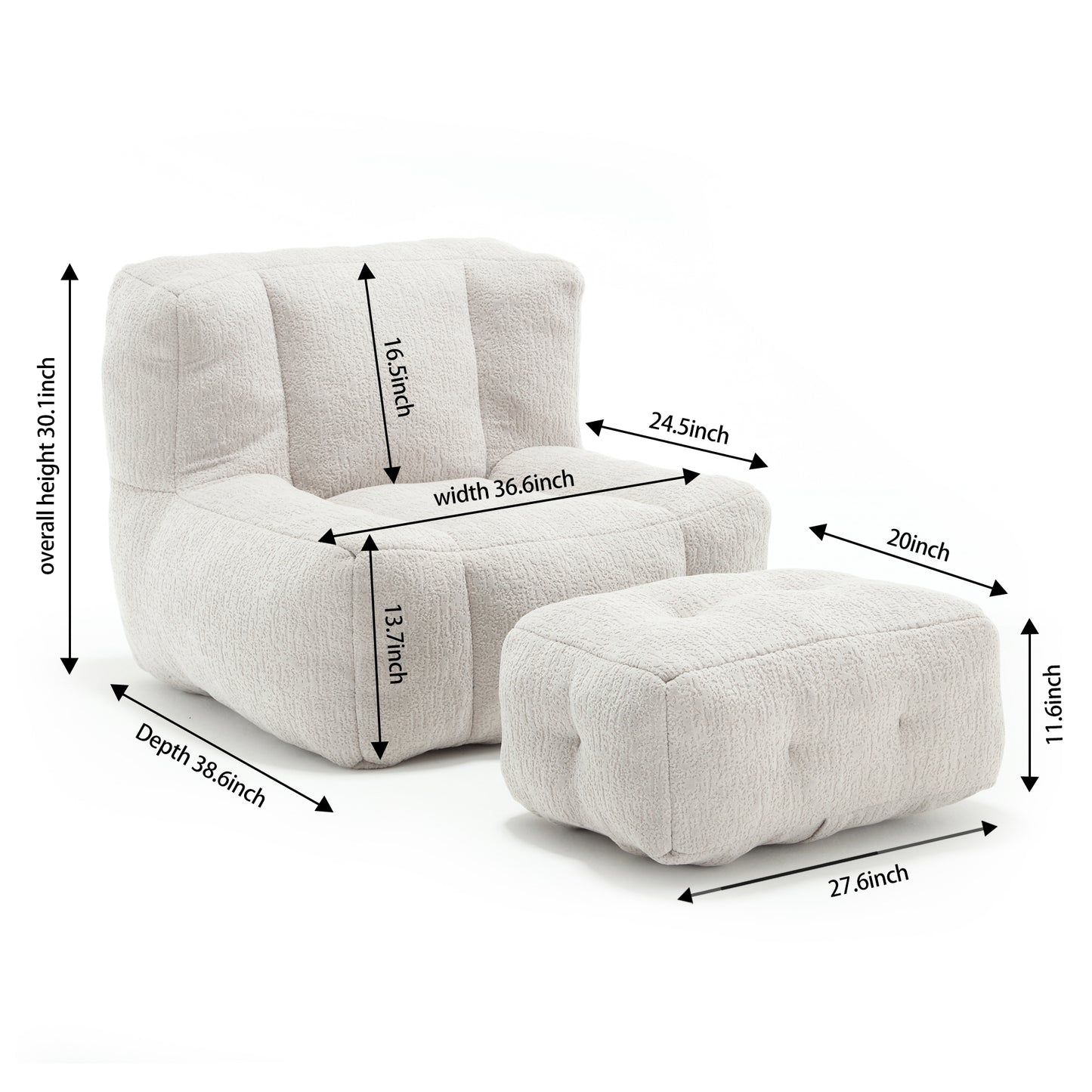 Fluffy bean bag chair, comfortable bean bag for adults, super soft lazy sofa chair with memory foam and ottoman, indoor modern focus bean bag chair for living room, bedroom, apartment