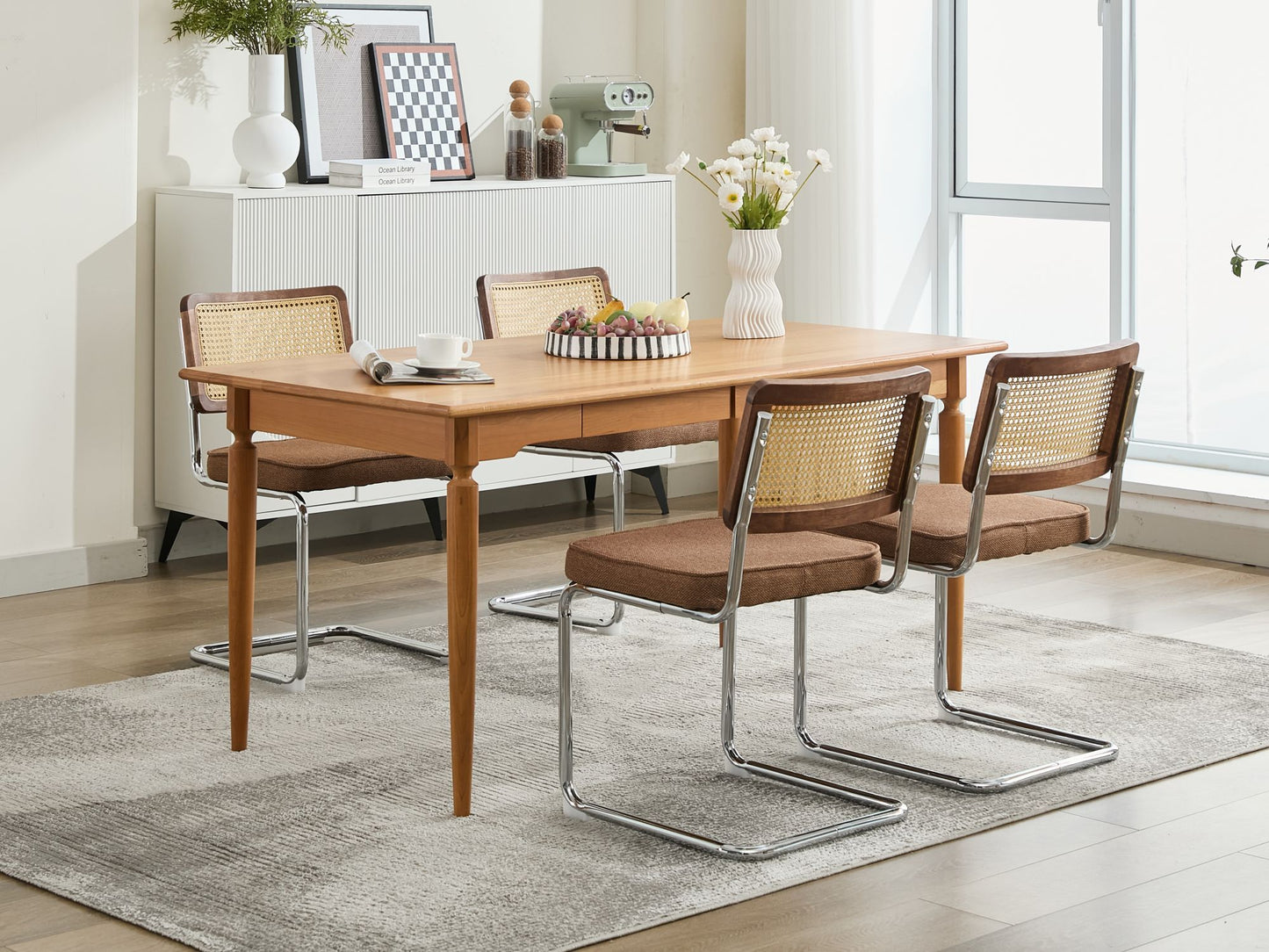 Mid Century Modern Dining Chairs Set of 2, Linen Accent Chairs with Natural Cane Back & Stainless Chrome Base, Famous Breuer Designed Chairs, Upholstered Rattan Kitchen Chairs,Coffee color,SW1851CF