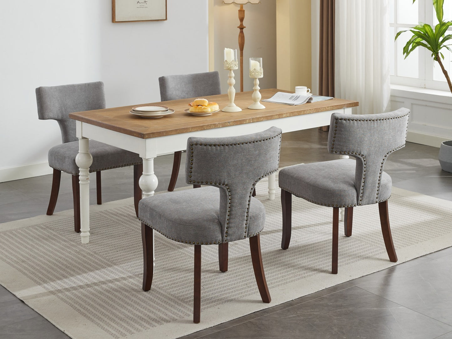 Mid Century Modern Dining Chairs Set of 2, Farmhouse Linen Fabric Upholstered Accent Chair Curved Backrest with Copper Nails around,Kitchen Chairs with Hardwood Frame, Gray