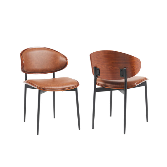 Mid-Century Modern Dining Chairs Set of 2 – Italian-Inspired Bentwood Design with Matte Metal Legs & Luxe PU Leather Seating