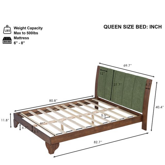 Premium Pine Wood Queen Bed Frame,Queen Size Bed Frame with Headboard Included,Mid Century Modern Bed,Walnut&Green Color Bed Frame