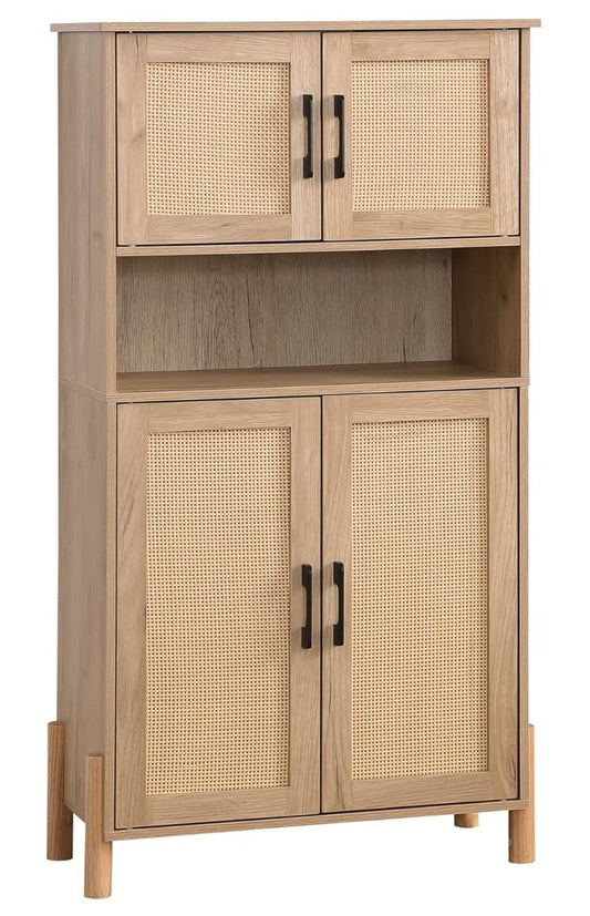 Mid-Century Modern 4-Door Storage Cabinet with Woven Rattan Doors & Adjustable Shelves - Perfect for Living Room & Dining Room