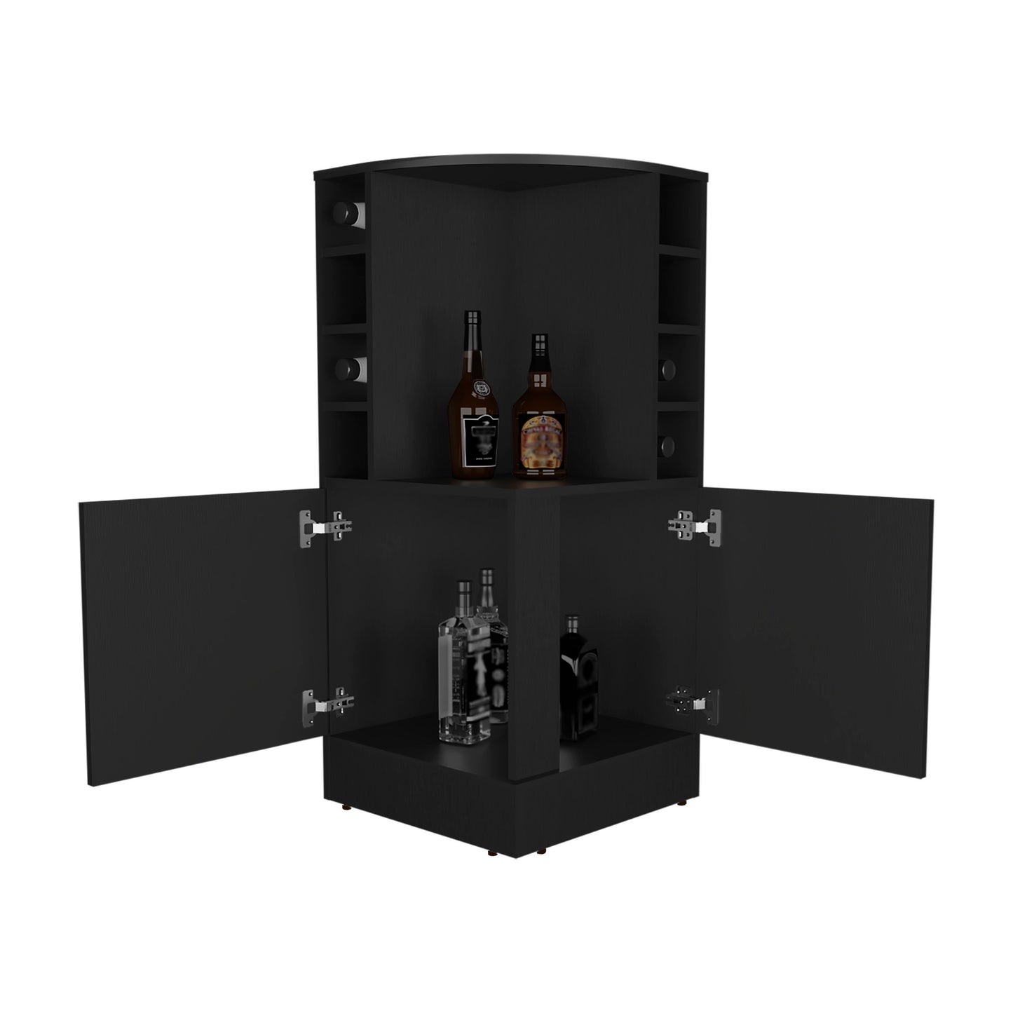 Jakes 42 Tall Corner Bar Cabinet with Eight Wine Bottle Cubbies and Double Door cabinet, Living Room, Liquor Cabinet, Storage Cabinet Black Wengue
