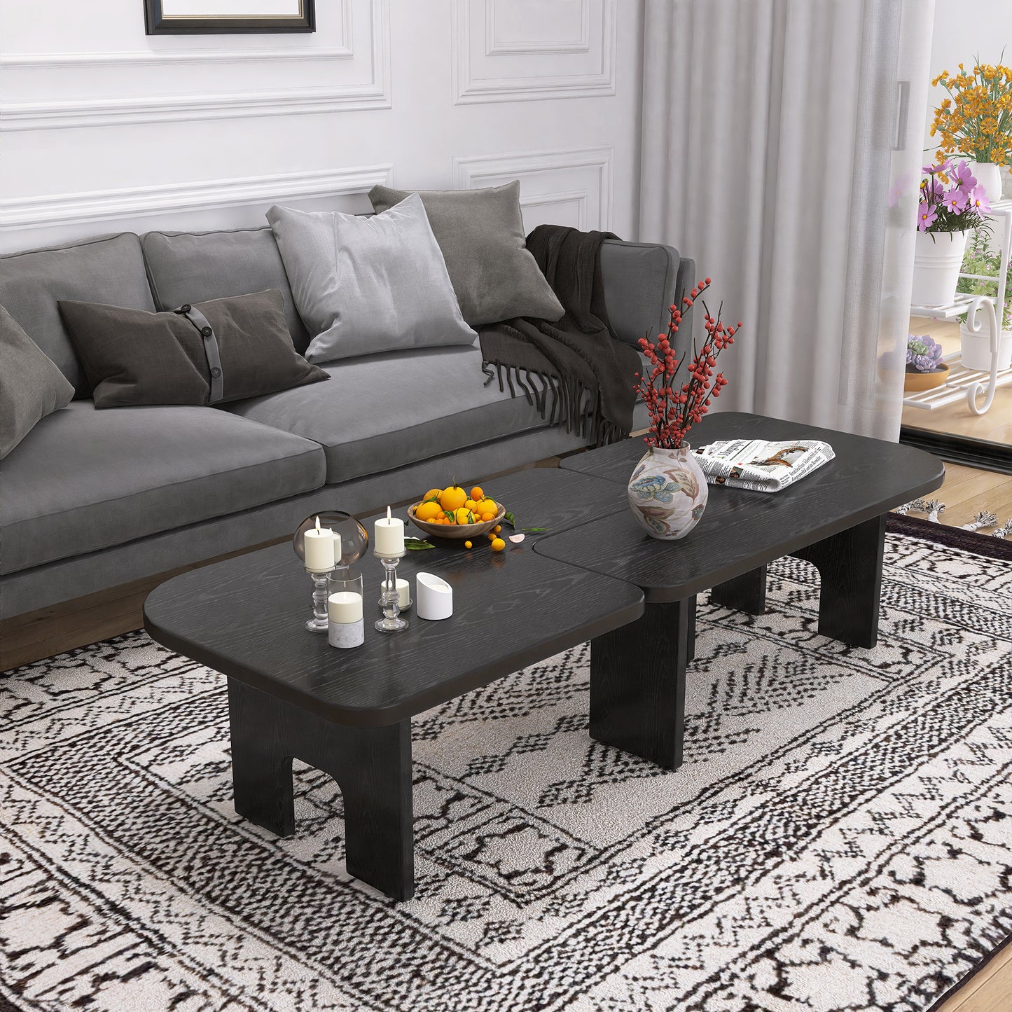Modern Black Wooden Nesting Coffee Table Set, 70.86' Extendable Splicing Center Table for Living Room, Space - Saving Accent Furniture with Smooth Surface Coffee Table