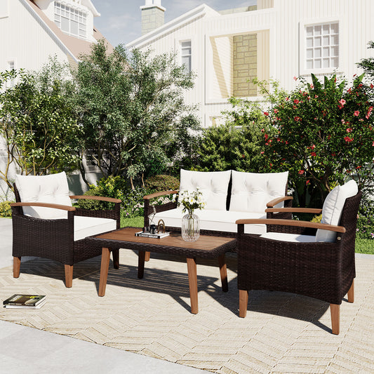 GO 4-Piece Garden Furniture, Patio Seating Set, PE Rattan Outdoor Sofa Set, Wood Table and Legs, Brown and Beige