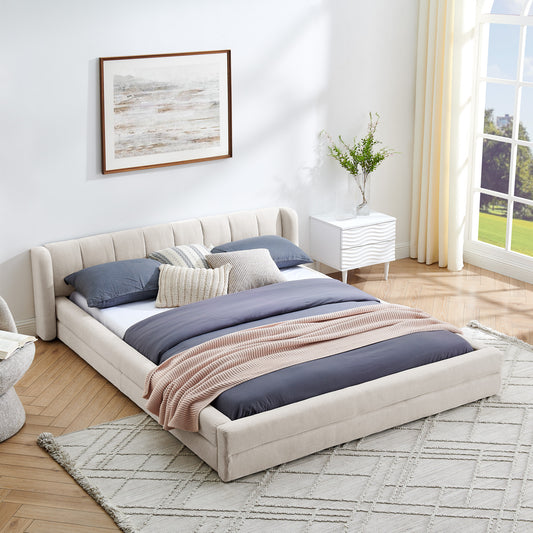 Modern Queen Size Upholstered Bed Frame with Thick Chenille Fabric and Headboard - Beige