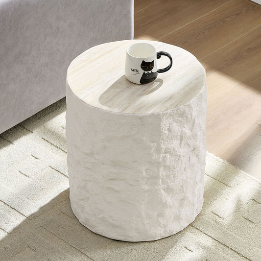 15.75 Inch Side Table,Round Fiberglass Coffee Table for Living Room,Bedroom,Modern Design Imitation Stone End Table for Apartment,No Need Assembly,Beige