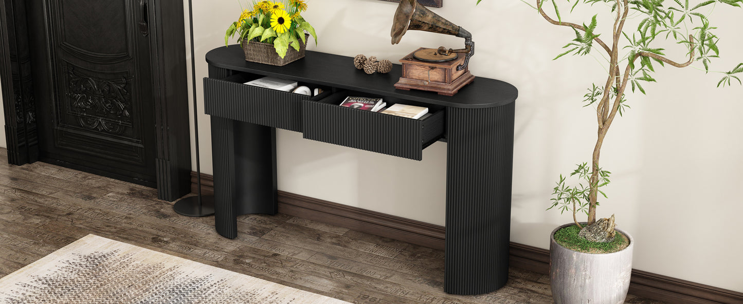 TREXM Entryway Table with Fluted Design, Modern Console Table with Storage, Oval Top and 2 Drawers for Entryway and Living Room (Black)