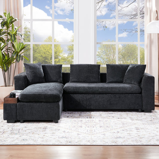 Modern L-Shaped Sectional Sofa with Chenille Upholstery and Wooden Storage, Black
