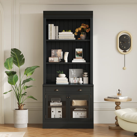 83.4'Tall Bookshelf, Modern Bookcase with 2 Glass Doors and 1 Drawer,Storage Bookcase with Open Shelves for Living Room,Home Office,Black