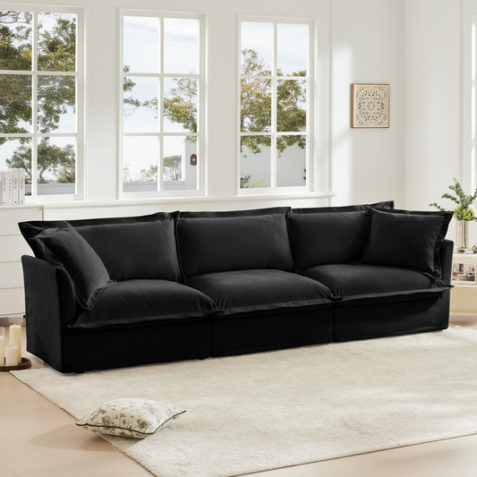 Slipcovered Sofa Couch, Modern 3 Seater Sofa with Suppleness Armrests, Chenille Fleece Deep Seat Sofa with Soft Multiple Big Pillows, Comfy Couch for Living Room, Apartment,Chenille Fabric, Black
