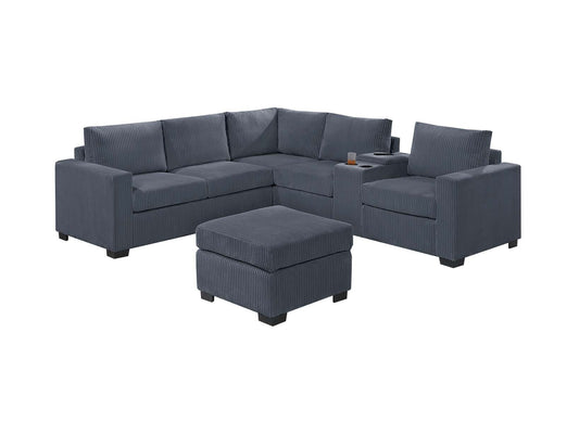 Modern Functional Dark Gray Corduroy Upholstered Sectional Set Living Room One Arm Loveseat Wedge Console Ottoman 4pc Couch Sofa Set