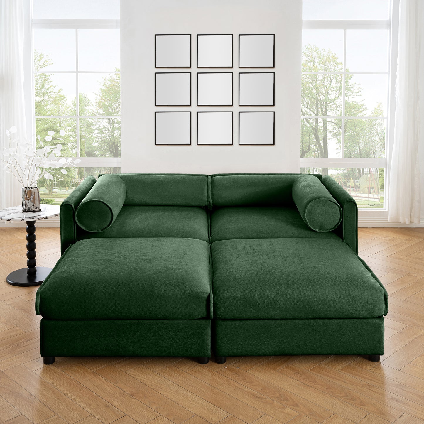 Stylish Green Chenille 2-Seater Sofa with 2 Ottoman Storage Seat, Cylindrical Backrest and Armrests, Modern Fabric Loveseat Featuring Hidden Storage Space