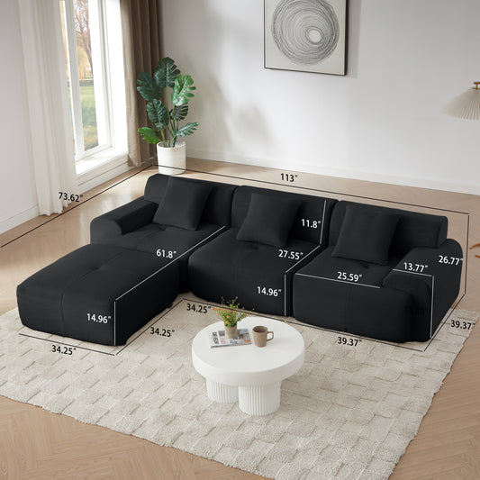 113' Modern L-Shaped Modular Sectional Sofa for Living Room, Corduroy Upholstery black, Oversized 3-Seater Couch with Deep Seat and Movable Ottoman – No Assembly