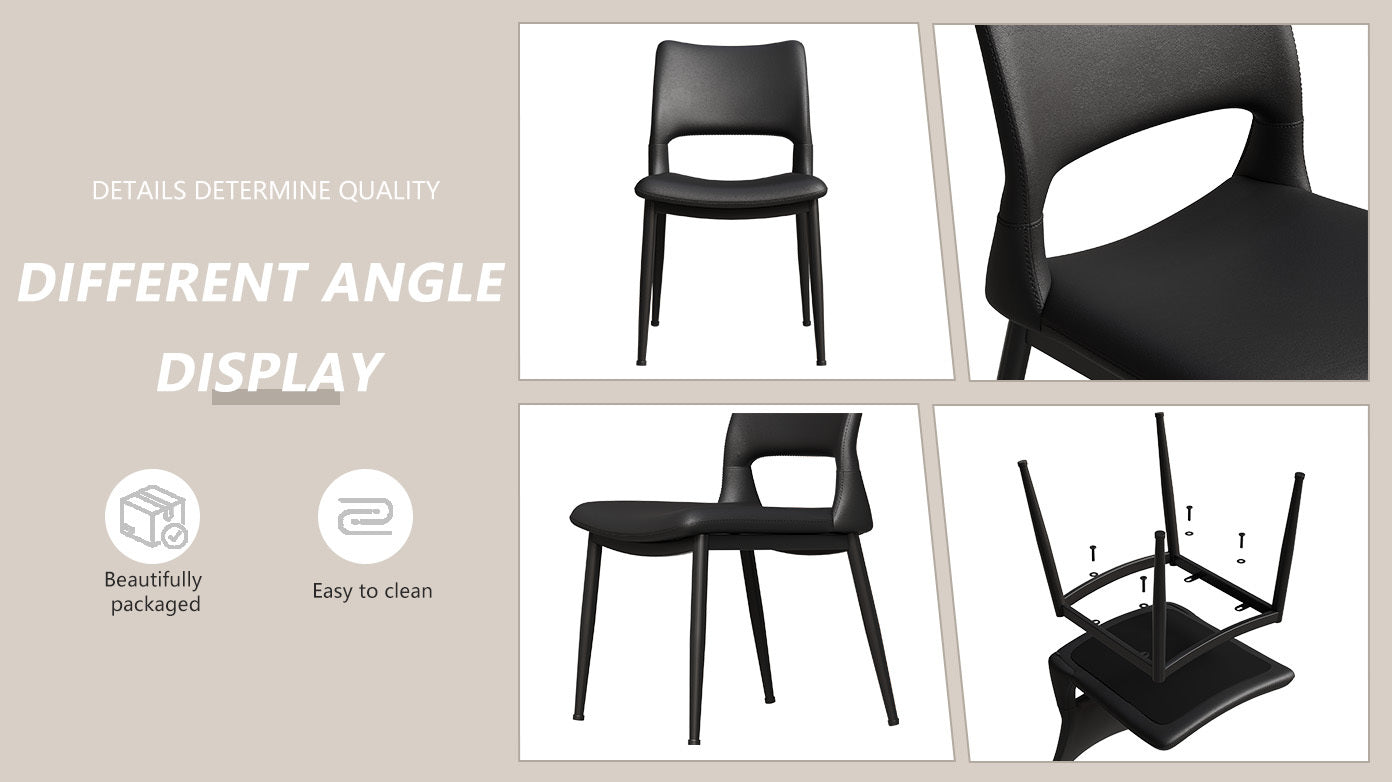 Modern minimalist black PU leather Dining Chairs Set of 2, comfortable backrest design, metal leg support, suitable for restaurants, kitchens, and offices.