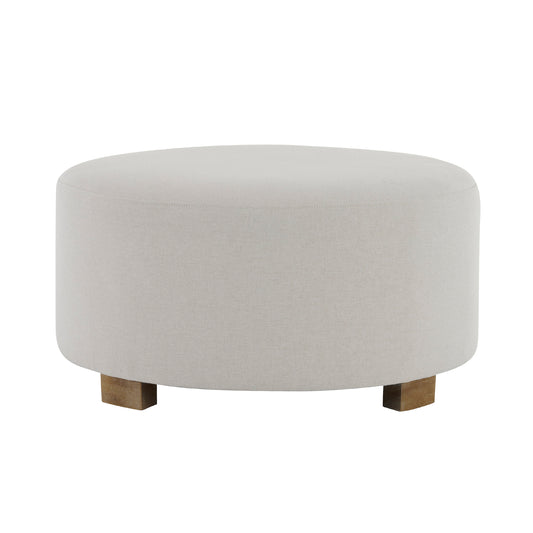 White Fabric Round Ottoman with Wooden Legs, Modern Minimalist Ottoman