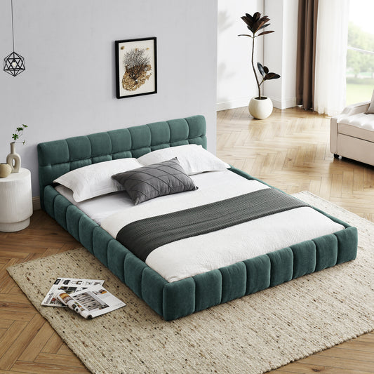 Modern Queen Size Upholstered Bed Frame with Headboard, Blue-Green Chenille Fabric, 68''*86.5''*23.5''