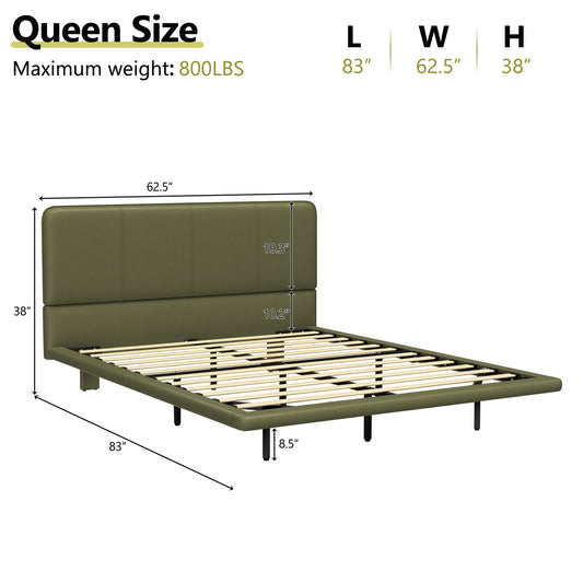 Floating Bed Frame with LED Light, Modern PU Leather Platform Bed, No Boxing Spring Needed, Assemble Easily, Queen Size Bed Frame