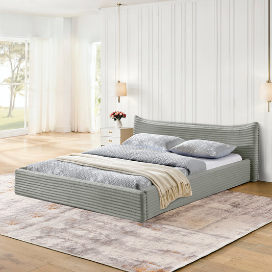Modern Queen Size Upholstered Bed Frame with Curved Headboard, Velvet Fabric, No Box Spring Required, Grey