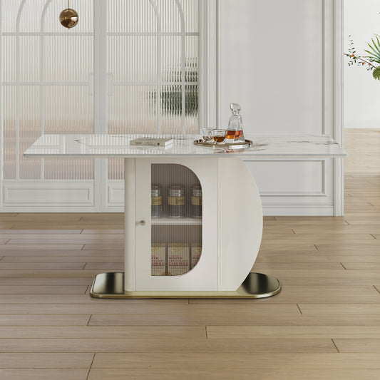 63' Modern Dining Table for 4-6 People, Kitchen Table with Storage Shelf & Acrylic Door Cabinet, Sintered Stone Tabletop with Golden Solid Wood Base, Perfect for Apartments and Family Use