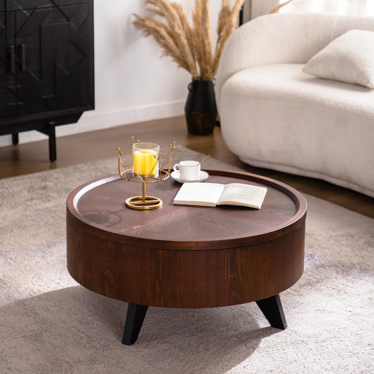 Round Coffee Table with Hidden Storage Removable Top,Modern Luxury Circle Drum Coffee Tables,Solid Wood Veneered Circle Center Table with Sturdy Pedestal for Living Room,Easy Assembly Coffee Table