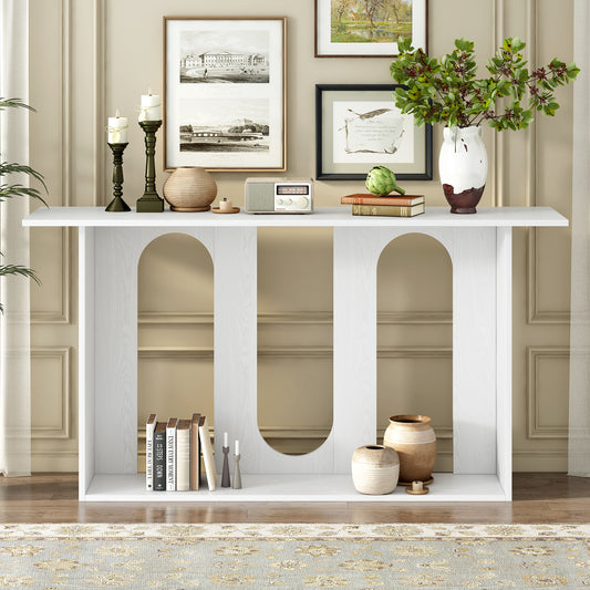 U_STYLE Modern and Curved Design Ash Veneer Console Table with Shelf,Suitable for Entryway,Hallway Living Room,Foyer,Corridor