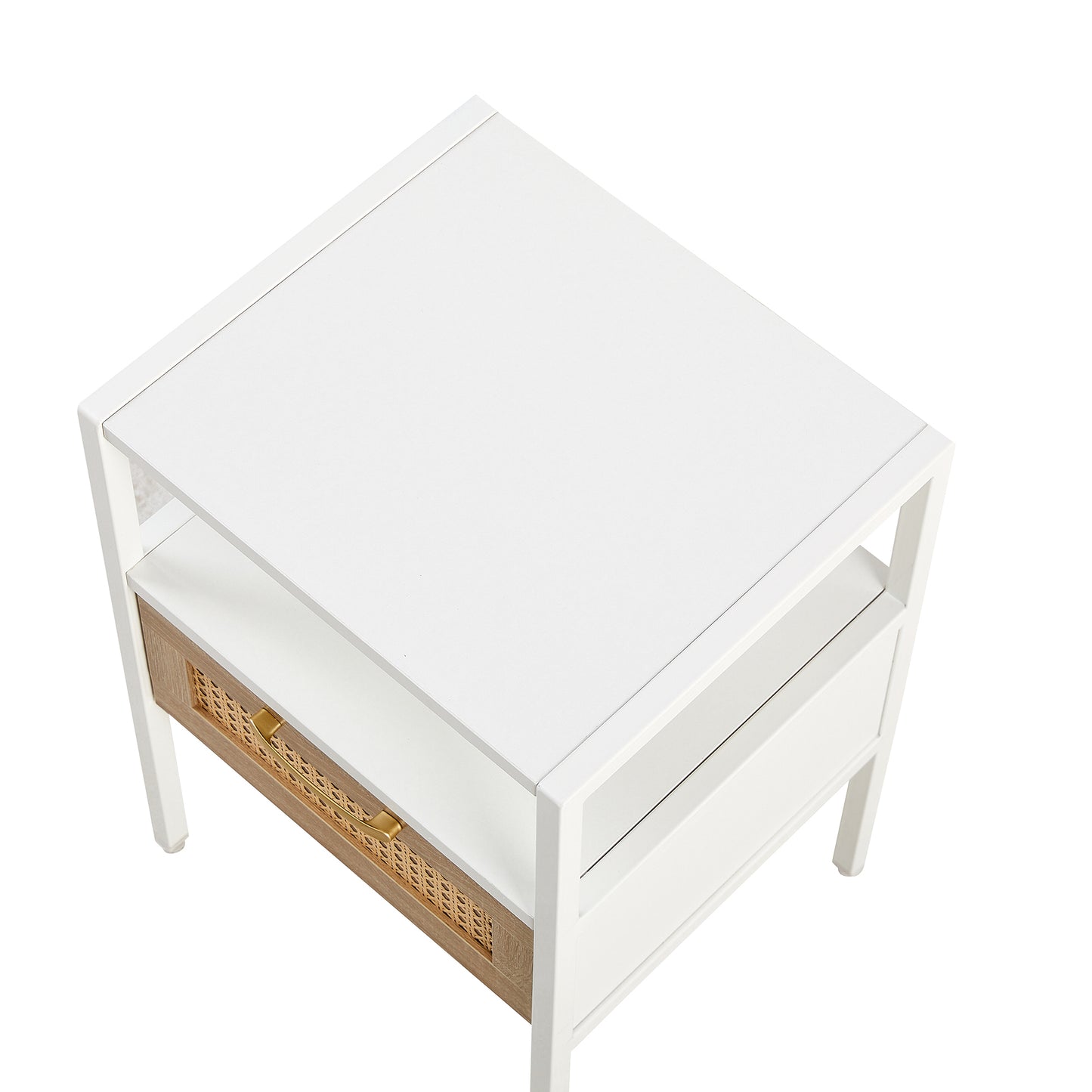 15.75" Rattan End table with drawer, Modern nightstand, metal legs,side table for living room, bedroom,white(1 pc)