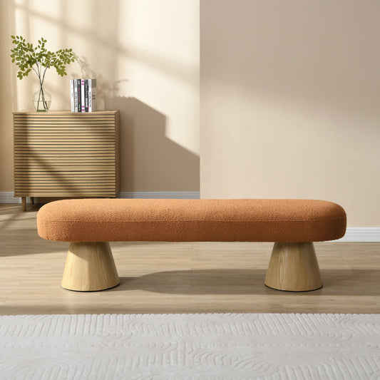 Dining Bench for Dining Room, Upholstered Bedroom End of Bed Entryway Bench, Boucle Ottoman for Living Room, 64'L Orange Stool Top Wood Leg 300 LBS Weight Capacity