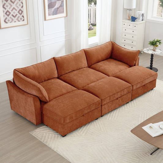 3 Seater Sofa With 3 Ottomans, Wide and Deep Seat 3-Seat Home Theater Sleeper Sofa for Living Room,Modular Sectional Sofa with Storage Pull out Drawer Under Each SeatChenille Orange