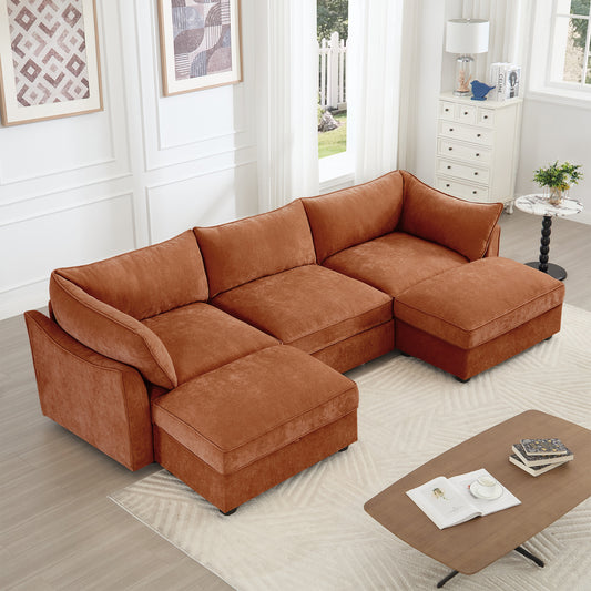 U Shape 3 Seater Deep Seat Sofa Couch with Ottomans,3-Seat Sofa with with 2 Movable Ottomans, Oversized Modular Sectional Sofa with Storage Pull out Drawer Under Each Seat,Chenille Orange
