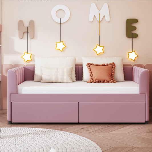 Twin Size Upholstered Daybed with Ergonomic Design Backrest and 2 Drawers, Pink