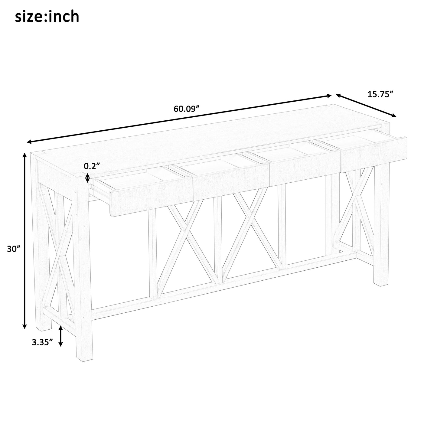 U_Style 60''Acacia Veneer Console Table with 4 Spacious Drawers, Modern Crisscross Design Entryway Table with Open Bottom Storage,Farmhouse Sofa Table for Living Room,Kitchen,Dining Room,Hallway