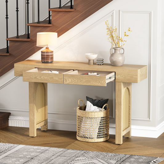 TREXM Narrow Console Table with Rattan Accent, Natural Wood Finish Entryway Table with Storage Drawers, Stylish Rustic Sofa Table for Living Room and Hallway (Natural)
