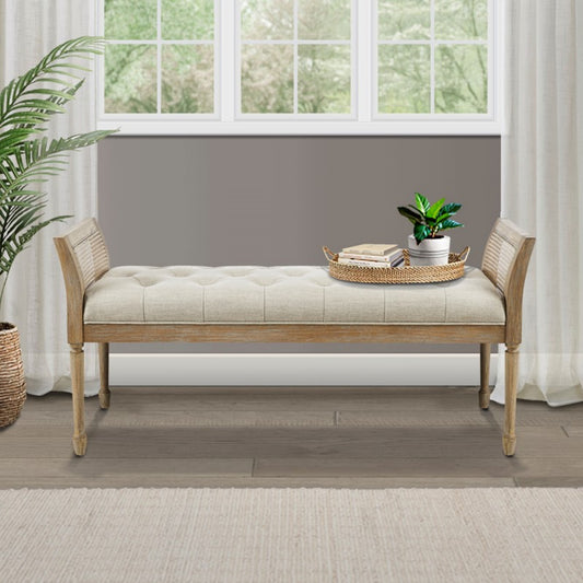 Transitional Accent Bench with Upholstered Seat and Cane Arm in Reclaimed Natural Wood Finish Bench