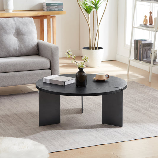 Round Coffee Table Black Oak Wood Surface and Black Metel Feet