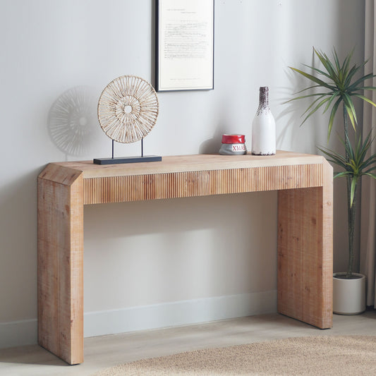 Rustic Wooden Console Table with Drawer – Minimalist Design, Ribbed Texture, and Natural Finish